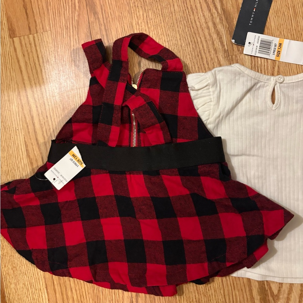 NWT Tommy Hilfiger Red & Black Flannel Dress W/White Long Sleeve Top SZ 12 Month - Picture 9 of 10